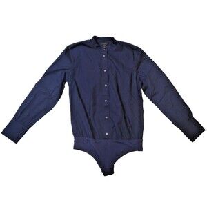 J Crew Sz 8 Perfect Bodysuit Button Shirt Stretch Navy Blue Business Collarless